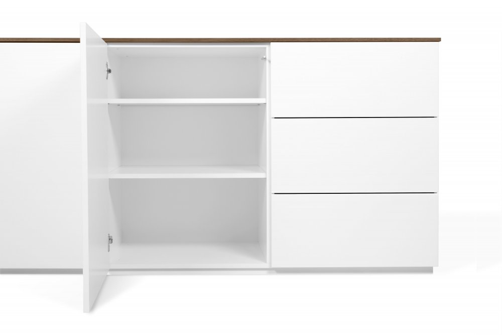 Buffet WHITY 2 blanc mat 180cm 2 portes/3 tiroirs Plateau en bois noyer avec pieds noir métal